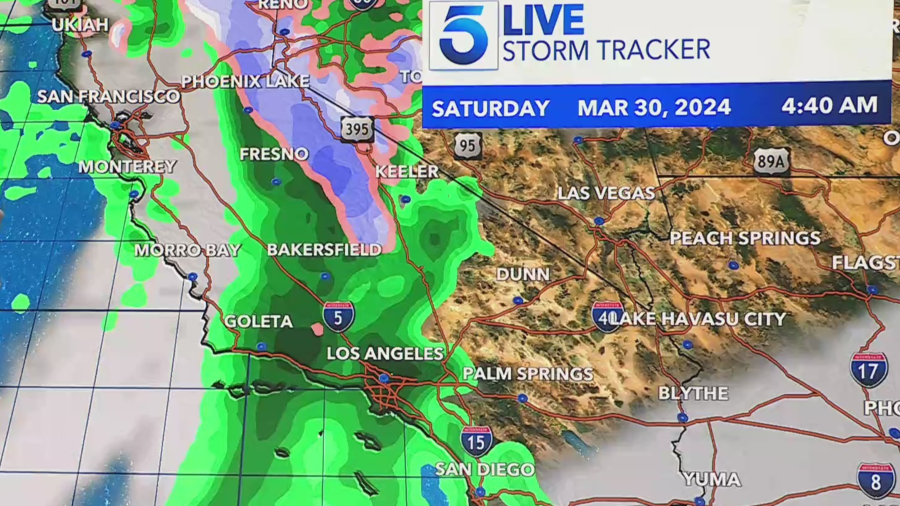 The KTLA Storm Tracker on March 25, 2024, shows the predicted moisture for Saturday over Southern California. 