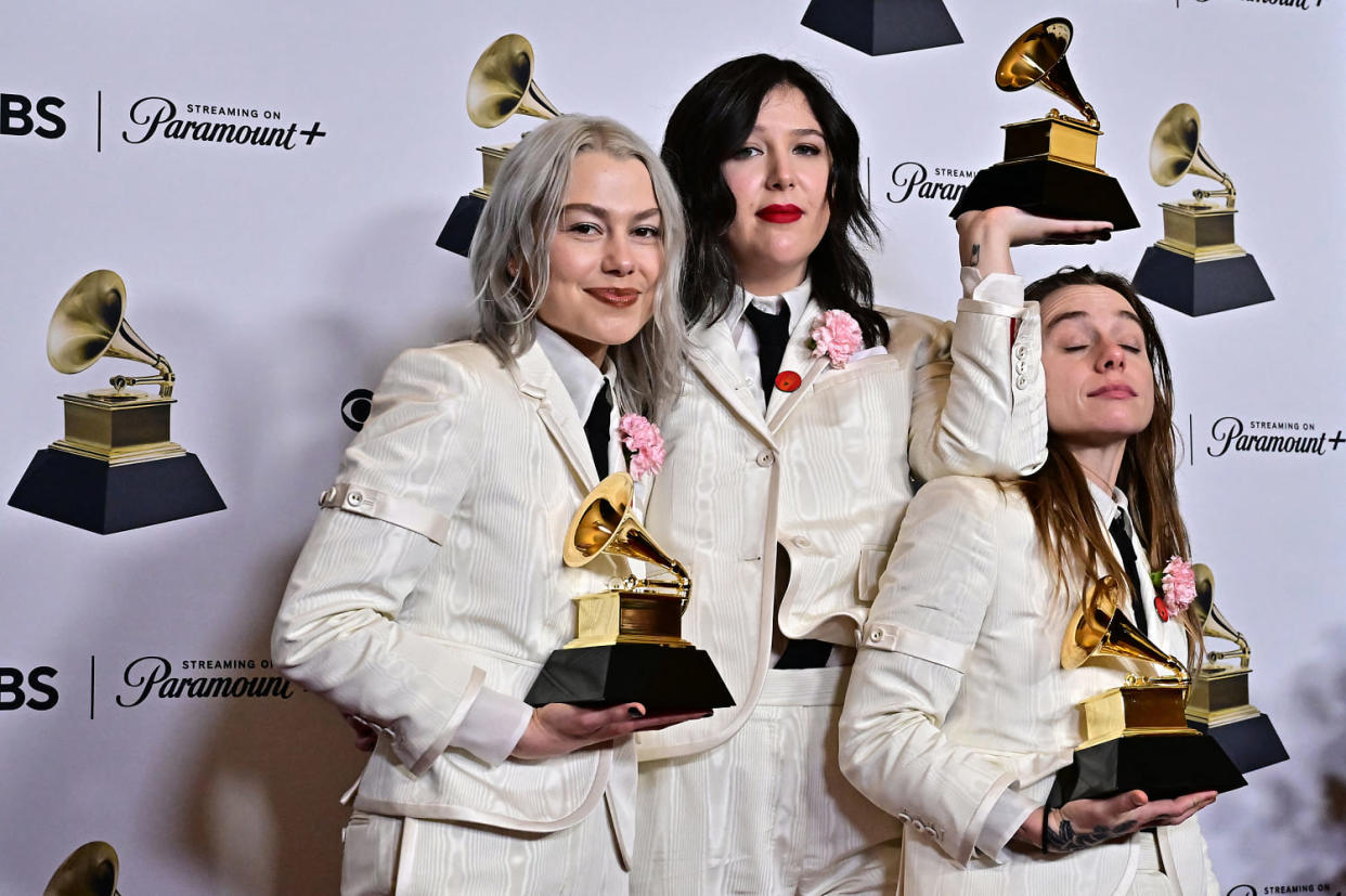 Phoebe Bridgers, Lucy Dacus, and Julien Baker, of the group boygenius, at the Grammy Awards on February 4, 2024.  (Frederic J. Brown / AFP via Getty Images)