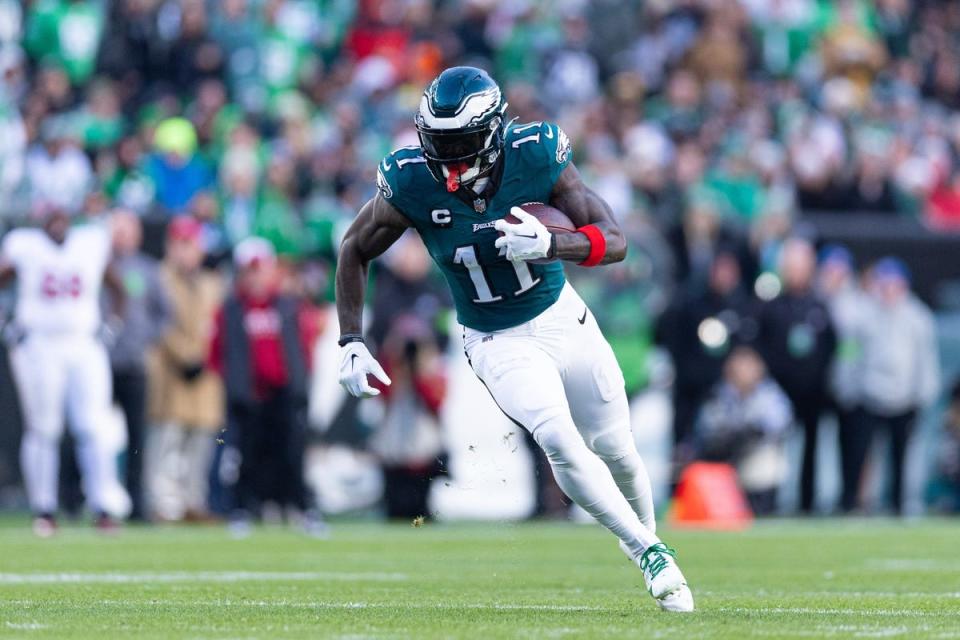 Dec 31, 2023; Philadelphia, Pennsylvania, USA; Philadelphia Eagles wide receiver A.J. Brown (11) runs with the ball during the fourth quarter against the Arizona Cardinals at Lincoln Financial Field. Mandatory Credit: Bill Streicher-USA TODAY Sports