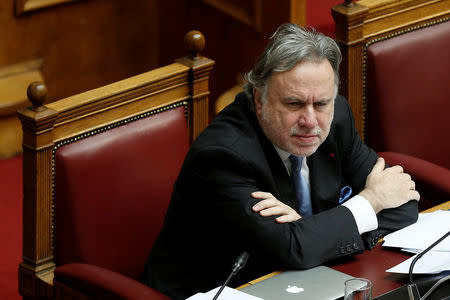 Greek Alternate Minister of Foreign Affairs George Katrougalos attends a parliamentary session on a name-change agreement with neighbouring Macedonia in Athens, Greece, January 23, 2019. REUTERS/Costas Baltas