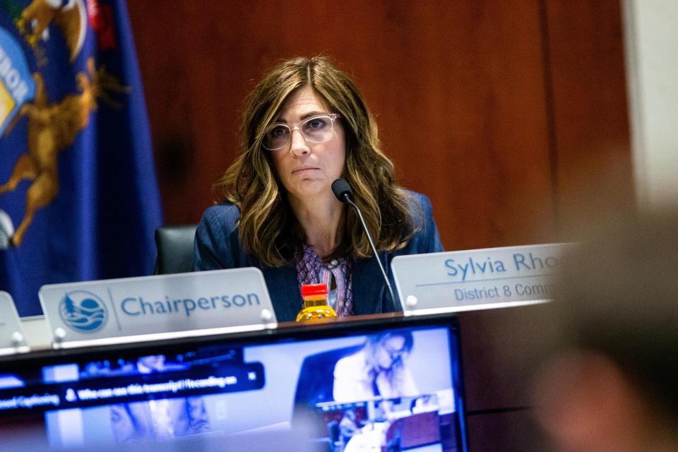 Commissioner Sylvia Rhodea listens to Administrator John Gibbs during talks about the county budget Tuesday, Sept. 12, 2023, at the county offices in West Olive.