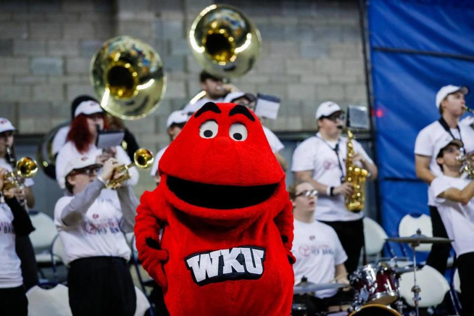 Western Kentucky mascot Big Red celebrates the Hilltoppers’ win over Bowling Green State in Memorial Coliseum on Thursday night.