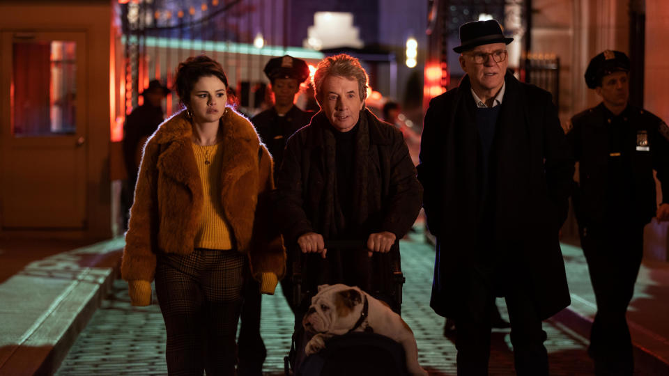 Mabel (Selena Gomez), Oliver (Martin Short) and Charles (Steve Martin) in Only Murders in the Building Season 2 (Disney+/Hulu)