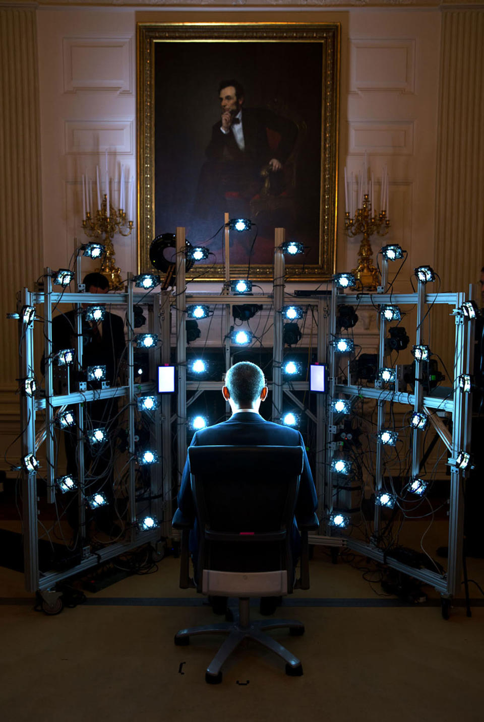 <p>“The President sits for a 3D portrait being produced by the Smithsonian Institution on June 9, 2014. There were so many cameras and strobe lights flashing but the end result was kind of cool. See the video at this link: http://1.usa.gov/1zhPtAf.” (Pete Souza/The White House) </p>