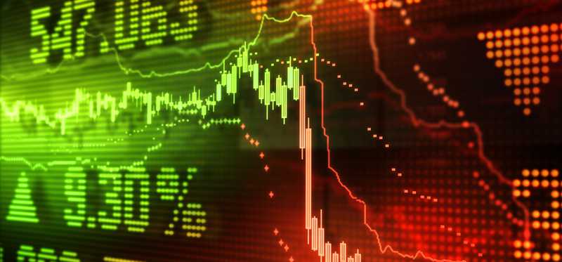 A green stock chart with rising prices plunging into the red.