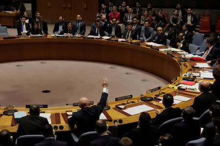 Representatives of Russia and Bolivia vote in the United Nations (UN) Security Council on a bid to renew an international inquiry into chemical weapons attacks in Syria during a meeting at the UN headquarters in New York, U.S., November 16, 2017. REUTERS/Lucas Jackson