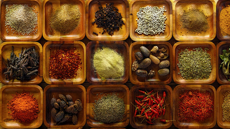 Indian spices oraganized in trays