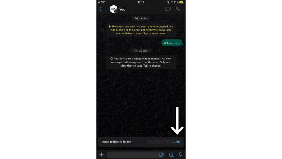 Uma notificação aparece na parte de baixo do chat com o botão "Undo" pressionável (Imagem: Reprodução/WABetaInfo)