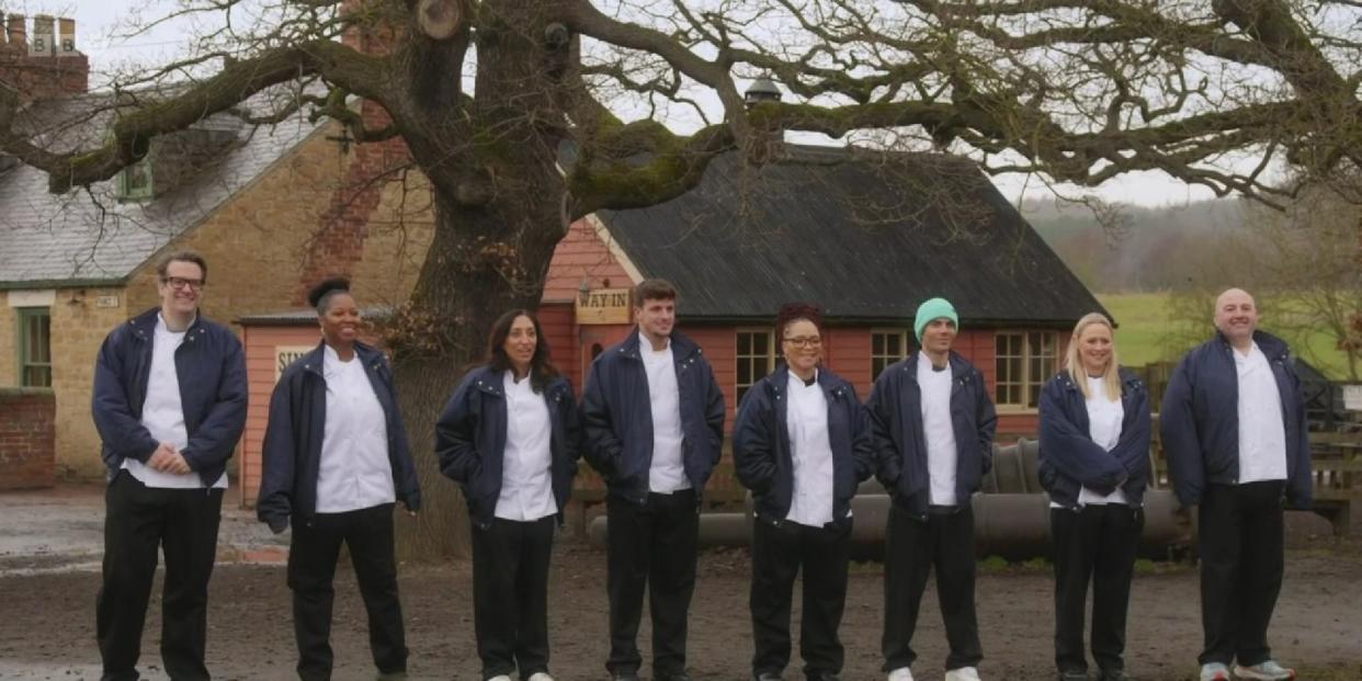 celebrity masterchef 2023 semi final 1 line ip, left to right, marcus brigstocke, jamelia, shazia mirza, luca bish, mica ben, maz george, amy walsh, wynne evans