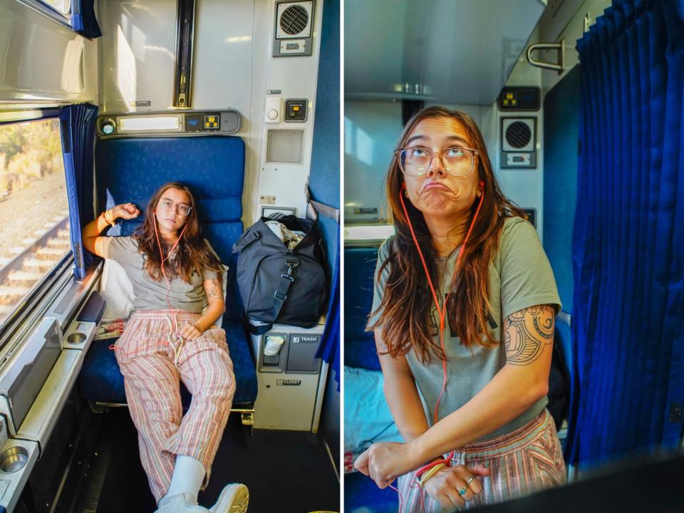 The author is relaxing on the left and dancing on the right inside her tiny roomette