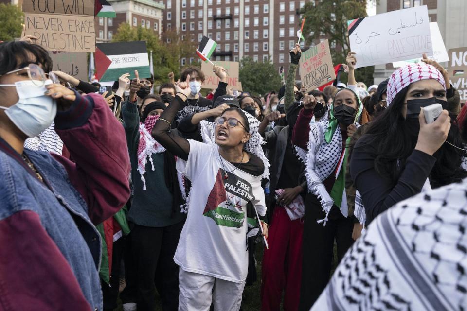 Palestinian supporters gather for a protest at Columbia University on Oct. 12, 2023, in New York. <a href="https://newsroom.ap.org/detail/IsraelPalestiniansProtestsExplainer/7fbba5a27e194932a0ab92fcb991ec80/photo?Query=university%20hamas%20%20palestinian&mediaType=photo&sortBy=arrivaldatetime:desc&dateRange=Anytime&totalCount=145&currentItemNo=17" rel="nofollow noopener" target="_blank" data-ylk="slk:AP Photo/Yuki Iwamura, File;elm:context_link;itc:0;sec:content-canvas" class="link ">AP Photo/Yuki Iwamura, File</a>