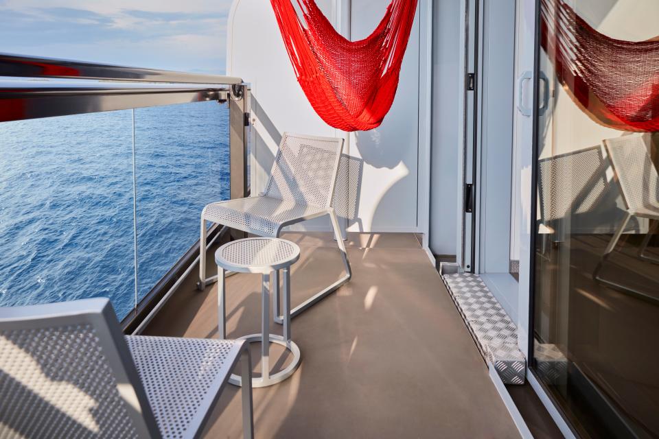 Balcony on an ADA Sea Terrace cabin on a Virgin Voyages ship.