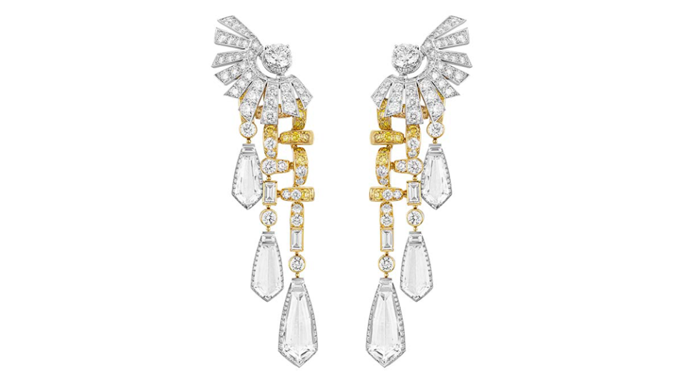 Chanel Tweed Cambon earrings in yellow gold, white gold, diamonds, yellow diamonds and rock crystal