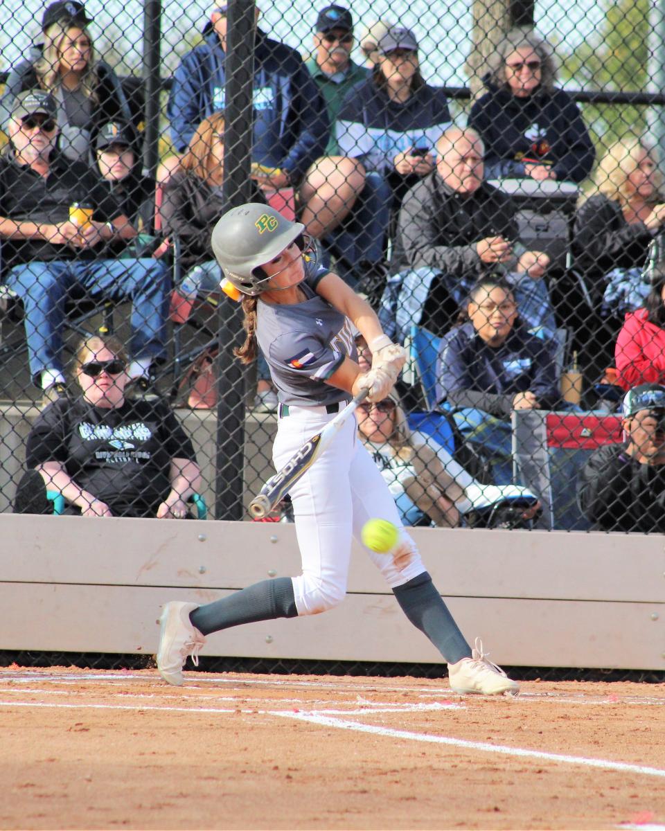 Jaelyn Farris of Pueblo County swings at a pitch against Riverdale Ridge in the CHSAA 2022 Class 4A state softball finals at Aurora Sports Complex on Oct. 21, 2022