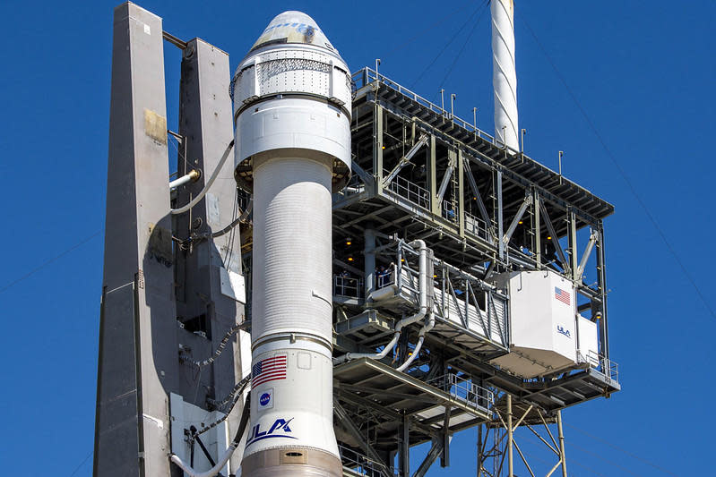 Boeings Starliner-Mannschaftskapsel auf der zweiten Stufe der Centaur einer Atlas-5-Rakete der United Launch Alliance im Startkomplex 41 der Raumstation Cape Canaveral Anfang dieses Monats.  / Bildnachweis: United Launch Alliance