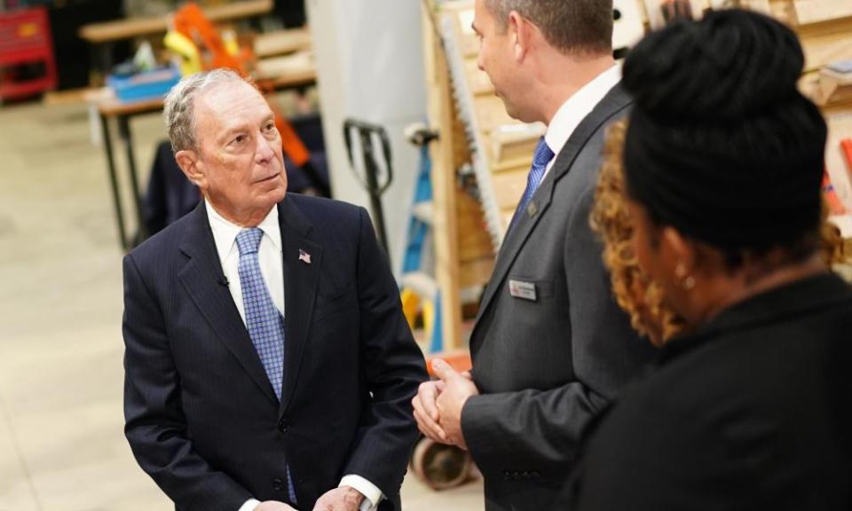 Mike Bloomberg speaks to employees of a veteran-owned business in Alexandria, Virginia, on 7 February.