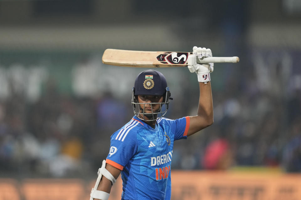 India's Yashasvi Jaiswal walks back after he was dismissed during the second T20 cricket match between India and Afghanistan in Indore, India, Sunday, Jan. 14, 2024. (AP Photo/ Rajanish Kakade)