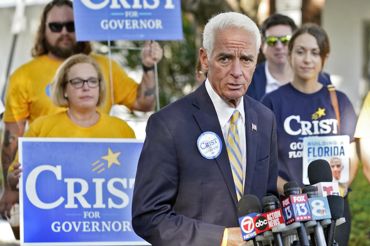 U.S. Rep Charlie Crist, D-Fla., speaks to the media before voting Tuesday, Aug. 23, 2022, in St. Petersburg, Fla. Crist is running for Florida Governor against Agriculture Commissioner Nikki Fried in the primary election. (AP Photo/Chris O'Meara)