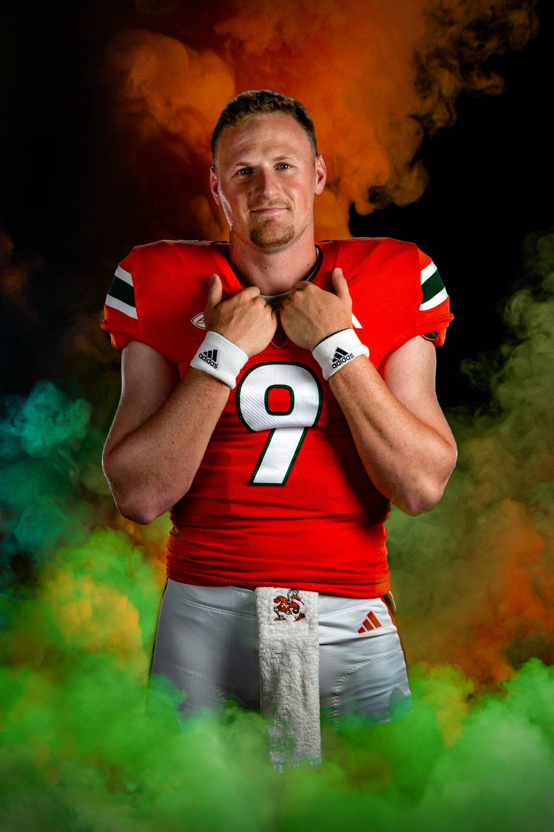 Photo Illustration of Miami Hurricanes quarterback Tyler Van Dyke during the Miami Hurricanes Football Media Day at the University of Miami in Coral Gables on Monday, July 31, 2023.