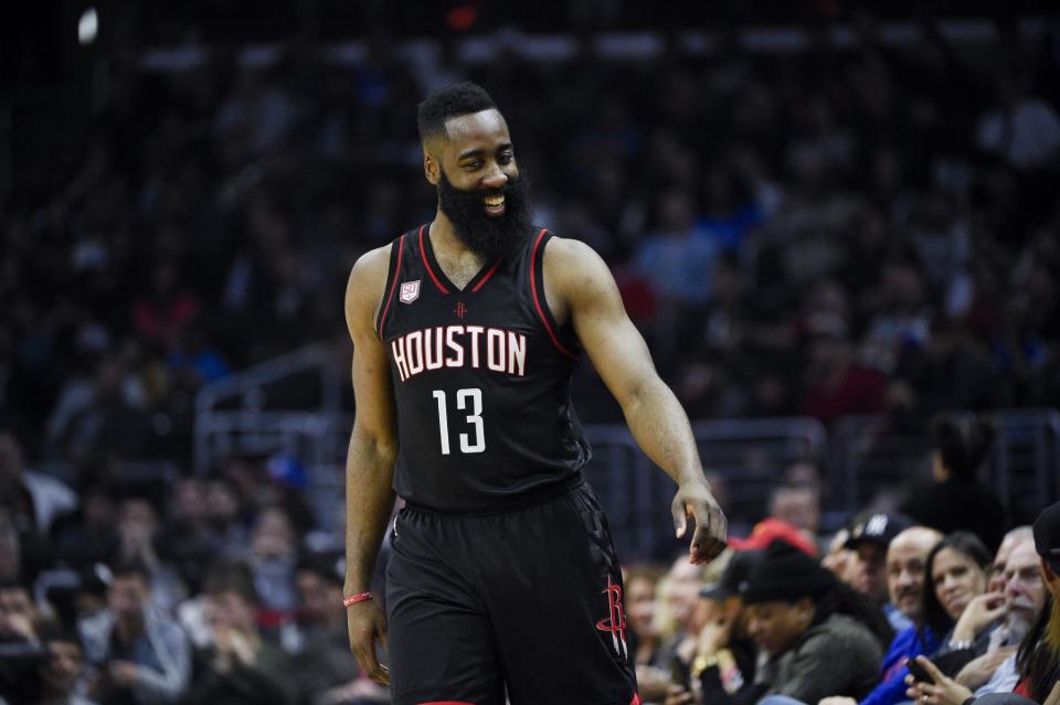 James Harden's enjoying himself quite a bit these days. (AP)