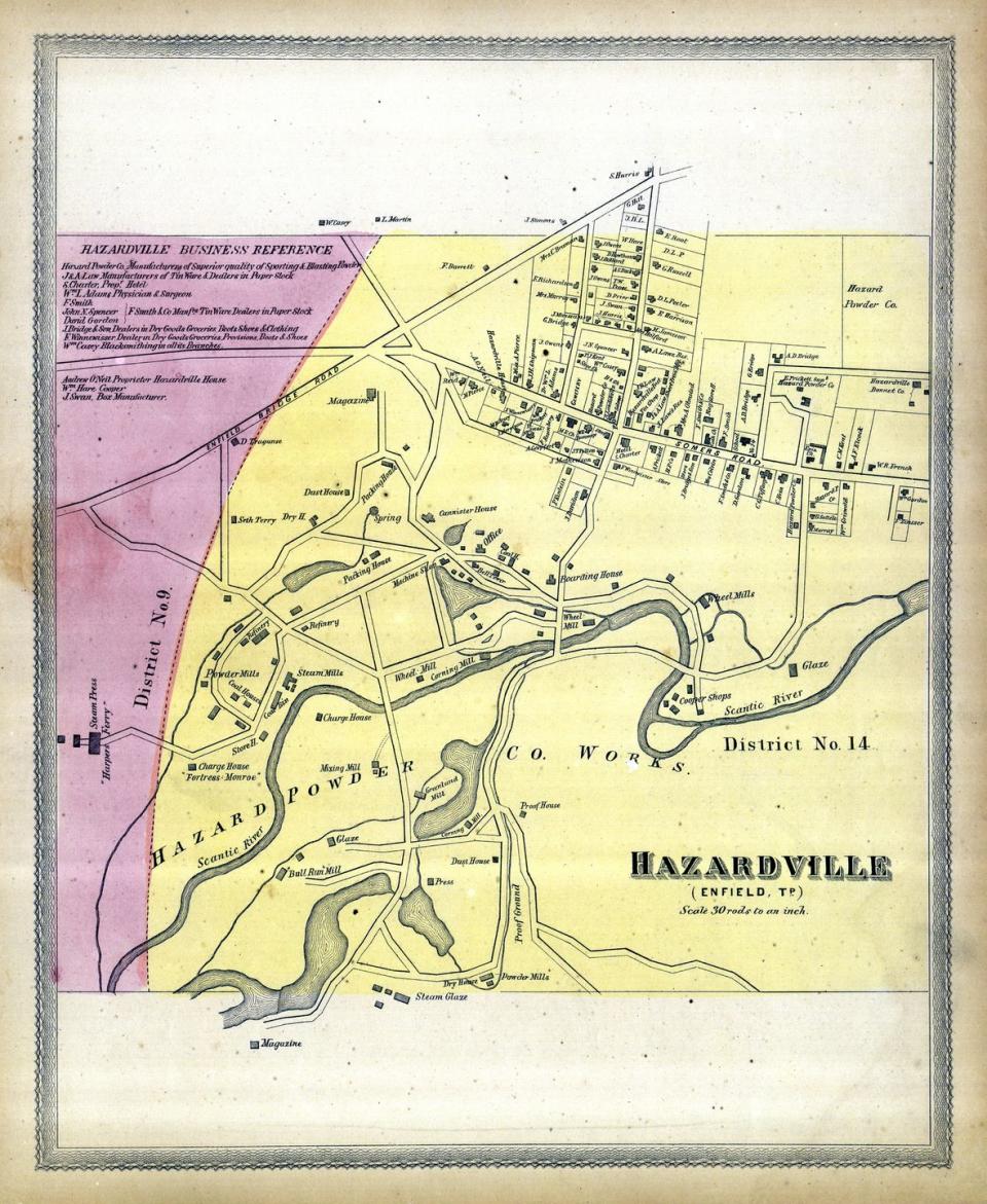 <p>This town isn't filled with danger, but with charming historical buildings. Hazardville got its <a href="http://www.enfieldhistoricalsociety.org/EHSpowder.html" rel="nofollow noopener" target="_blank" data-ylk="slk:name from Colonel Hazard;elm:context_link;itc:0;sec:content-canvas" class="link ">name from Colonel Hazard</a>, who owned the Hazard Gunpowder Company.</p><p><a href="https://www.goodhousekeeping.com/home/a26036/connecticut-ghost-town/" rel="nofollow noopener" target="_blank" data-ylk="slk:See inside a Connecticut ghost town »;elm:context_link;itc:0;sec:content-canvas" class="link "><em>See inside a Connecticut ghost town »</em></a></p>