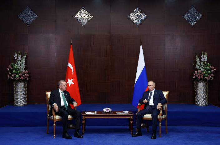 File: Russian president Vladimir Putin meets with Turkey&#x002019;s president Recep Tayyip Erdogan on the sidelines of the Sixth Summit of the Conference on Interaction and Confidence Building Measures in Asia (CICA) in Astana on 13 October 2022 (SPUTNIK/AFP via Getty Images)