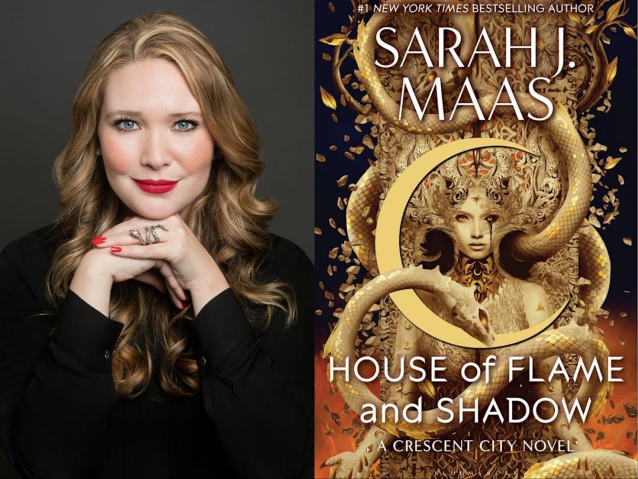 A side-by-side of Sarah J. Maas and the cover of "House of Flame and Shadow."