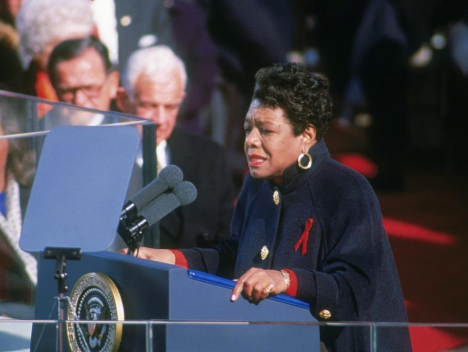 American poet Maya Angelou reciting her poem 'On the Pulse of Morning' at the inauguration of President Bill Clinton