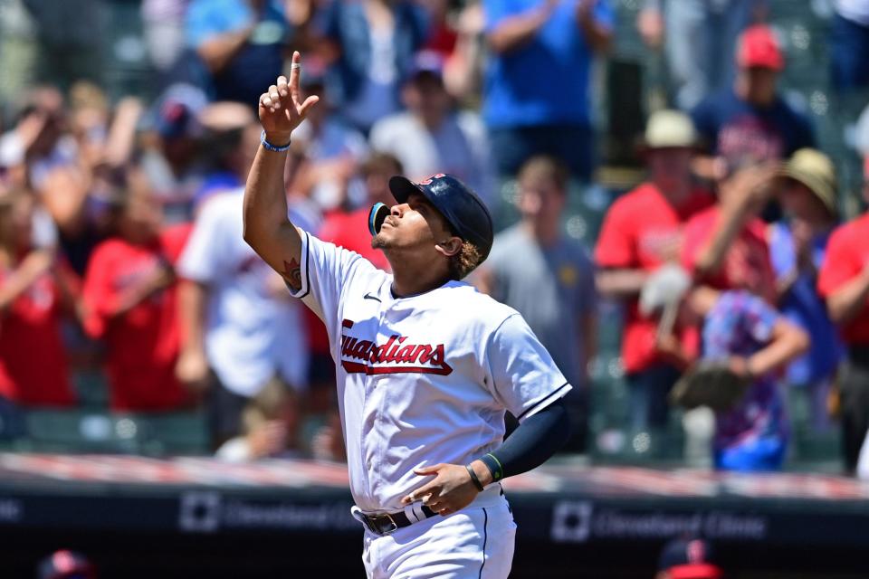 Cleveland Guardians' Josh Naylor runs the bases after hitting a solo home run off New York Yankees starting pitcher Gerrit Cole in the second inning in the first baseball game of a doubleheader, Saturday, July 1, 2022, in Cleveland. (AP Photo/David Dermer)