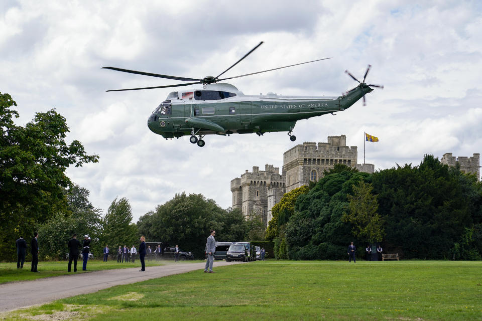 Marine One, carrying US President Joe Biden takes off from Windsor Castle in Windsor, England, Monday, July 10, 2023. (AP Photo/Susan Walsh)