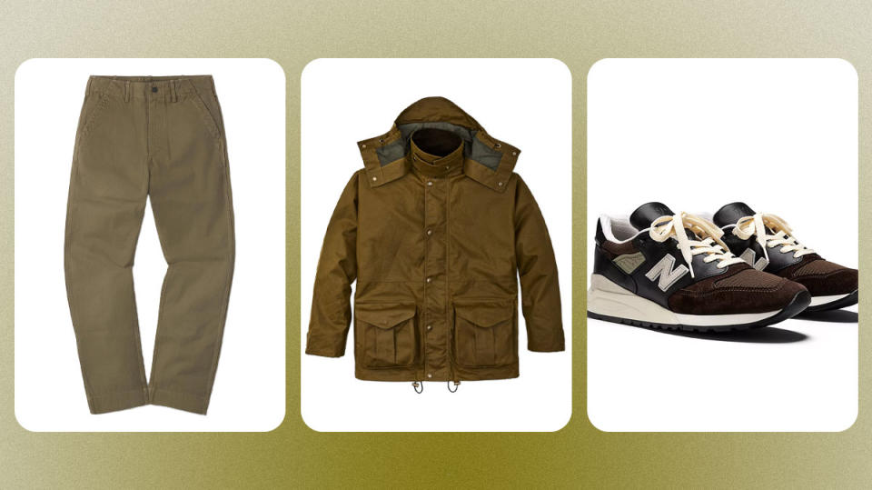 Buck Mason’s Baker pant; Filson’s Foul Weather Jacket; New Balance Made in USA 998 sneakers.