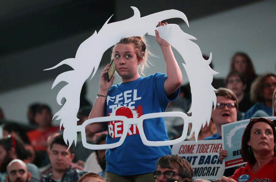 Carly Hein of Omaha, Nebraska, talks on her cell phone as she waits for Sen. Bernie Sanders, I-Vt., to arrive at a rally for Omaha Democratic mayoral candidate Heath Mello, Thursday, April 20, 2017. (Photo: ASSOCIATED PRESS)