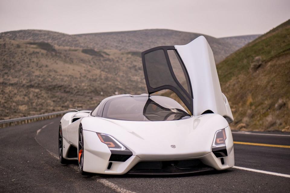 <p>Racing Hennessey to the triple-century mark is fellow American entry SSC, succeeding the record-setting Ultimate Aero with the far more stylish Tuatara. (The Ultimate Aero briefly held the Guinness World Record for top speed—it lost the title to Bugatti's Veyron Super Sport in 2010.) Under development since 2011, the first of 100 Tuataras will be delivered in August, boasting a 5.9-liter twin-turbo V-8 engine producing 1350 hp on 91-octane or 1750 horsepower on E85.</p>