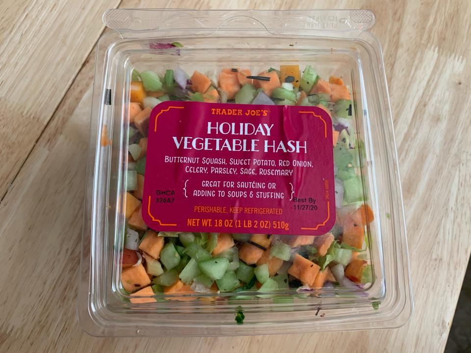 trader joes holiday hash in clear packaging on wood table