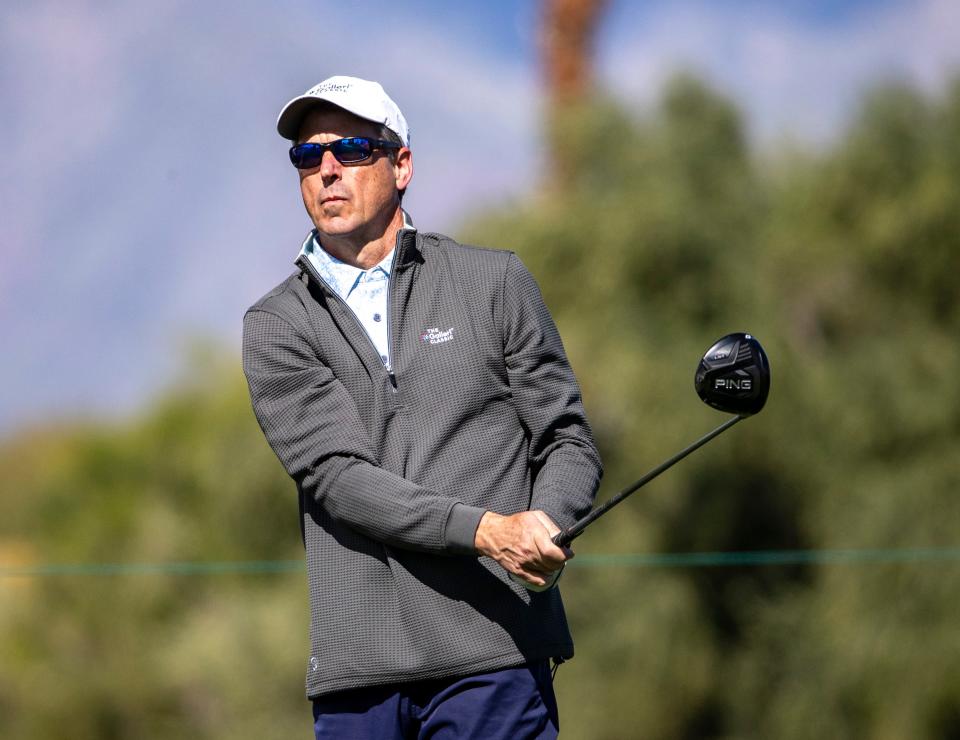 Bob Ragusa, CEO of GRAIL, the tournament's sponsor, tees off on nine during the first day of the Pro-Am at The Galleri Classic at Mission Hills Country Club in Rancho Mirage, Calif., Wednesday, March 22, 2023. 