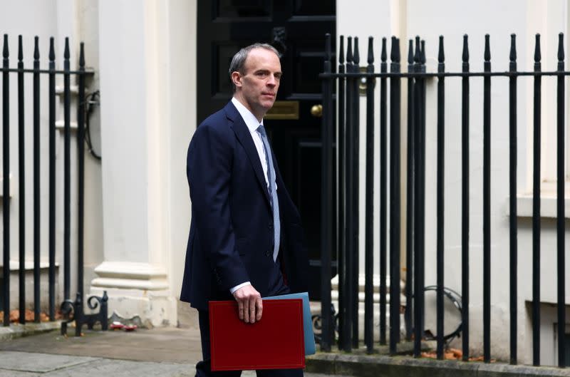 Britain's Foreign Affairs Secretary Dominic Raab arrives at Downing Street, in London