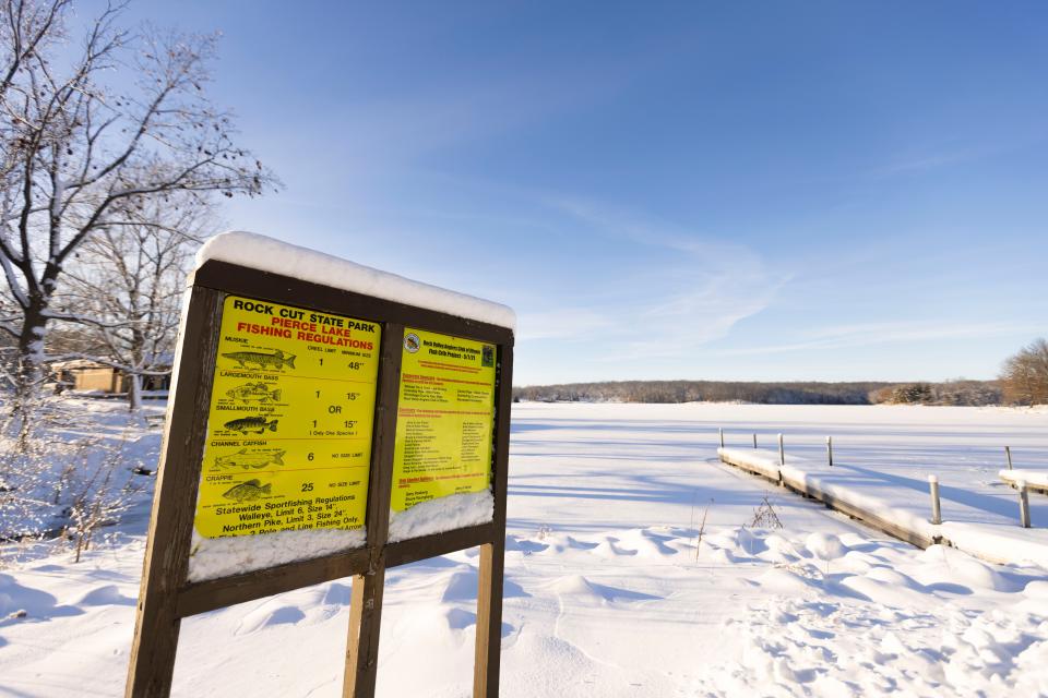 Pierce Lake sit frozen over on Jan. 16, 2024 at Rock Cut State Park.