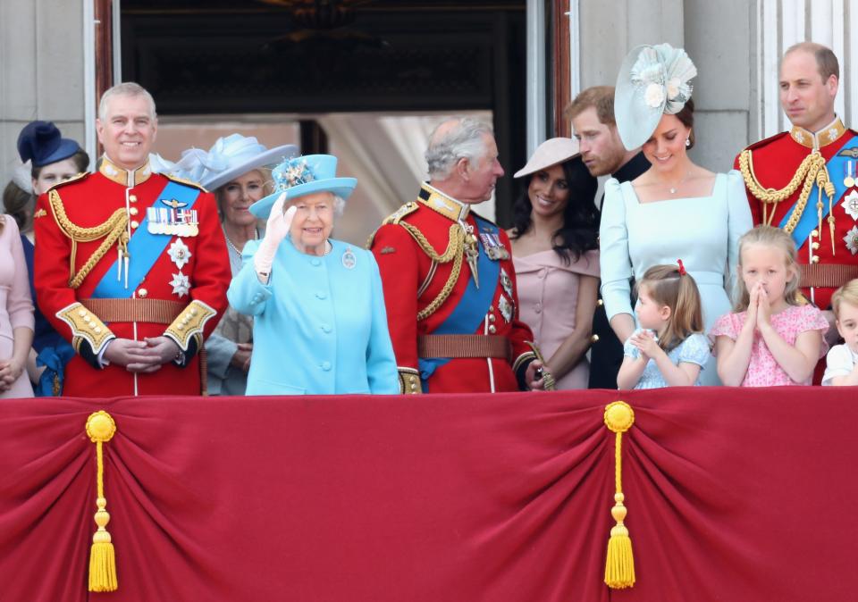 The royal family with Queen Elizabeth II on the Buckingham Palace balcony at the conclusion of the annual Trooping the Colour parade, June 9, 2018.