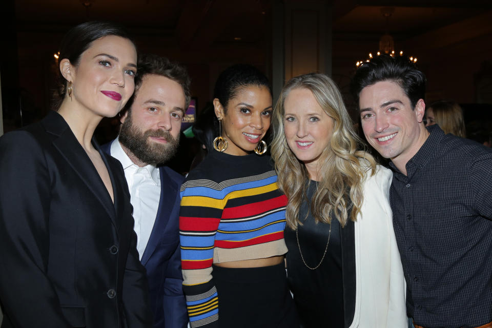 NBCUNIVERSAL EVENTS -- NBCUniversal Press Tour, January 2017 -- NBCUniversal Party -- Pictured: (l-r) Mandy Moore, "This Is Us"; Taylor Goldsmith, Susan Kelechi Watson, "This Is Us"; Jennifer Salke, President, NBC Entertainment; Ben Feldman, "Superstore" -- (Photo by: Paul Drinkwater/NBC/NBCU Photo Bank via Getty Images)