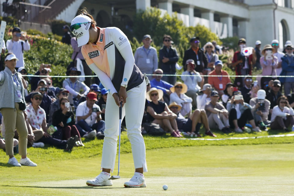 Jin Young Ko putts on the 18th green during the final round of the LPGA's Palos Verdes Championship golf tournament on Sunday, May 1, 2022, in Palos Verdes Estates, Calif. (AP Photo/Ashley Landis)