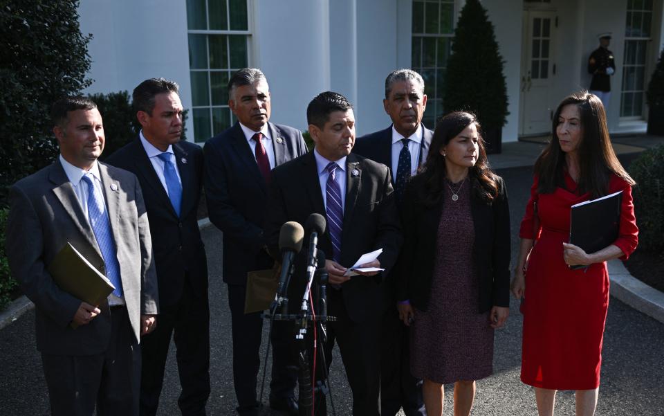 Congressional Hispanic Caucus: (L-R) Reps. Darren Soto, Pete Aguilar, Tony Cardenas, Raul Ruiz, Adriano Espaillat, Nanette Diaz Barragan and Teresa Leger Fernandez, after meeting with President Biden at White House, April 25, 2022. / Credit: BRENDAN SMIALOWSKI/AFP via Getty Images