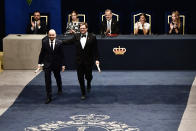 Yann LeCun, right, and Demis Hassabis walk after being awarded with Prince of Asturias Award for Technical and Scientific Research during the 2022 Princess of Asturias Awards ceremony in Oviedo, northern Spain, Friday, Oct. 28, 2022. The awards, named after the heir to the Spanish throne, are among the most important in the Spanish-speaking world. (AP Photo/Alvaro Barrientos)