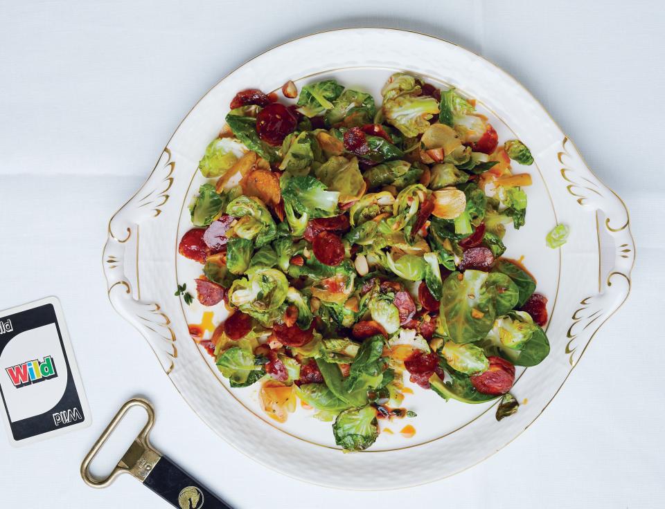 Brussels Sprout Leaves With Chorizo and Toasted Almonds