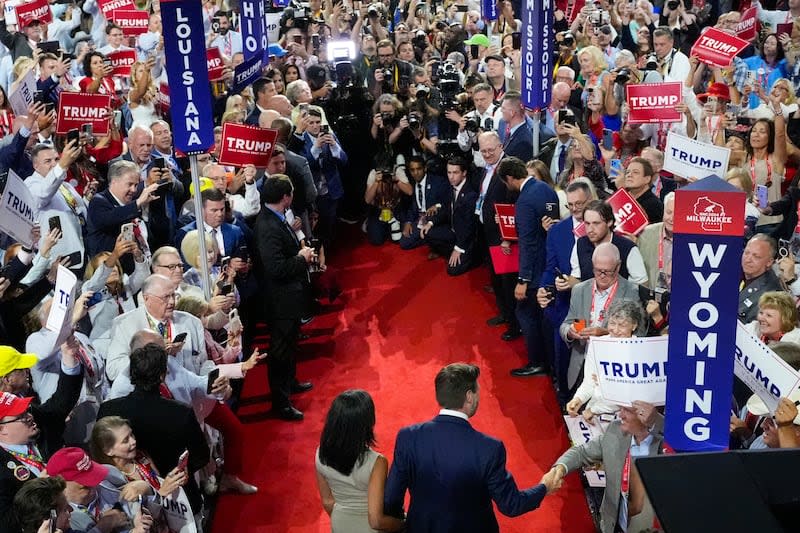 Republican vice presidential candidate Sen. JD Vance, R-Ohio, is introduced during the Republican National Convention, Monday, July 15, 2024, in Milwaukee. | Charles Rex Arbogast