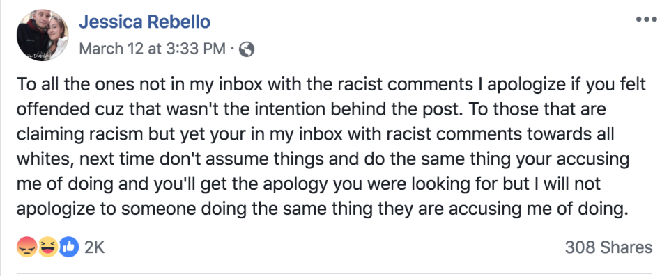 Facebook Jessica Rebello, who previously posted a photo of her and a friend wearing blackface, defended her actions. (Photo: Facebook/Jessica Rebello)