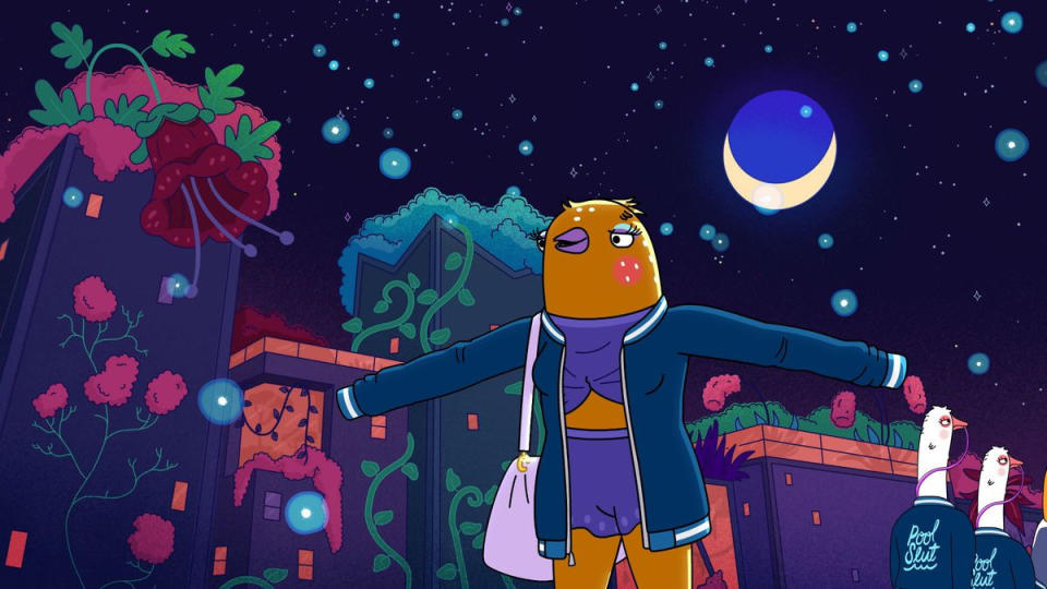 Animated bird from Tuca & Bertie standing on a street