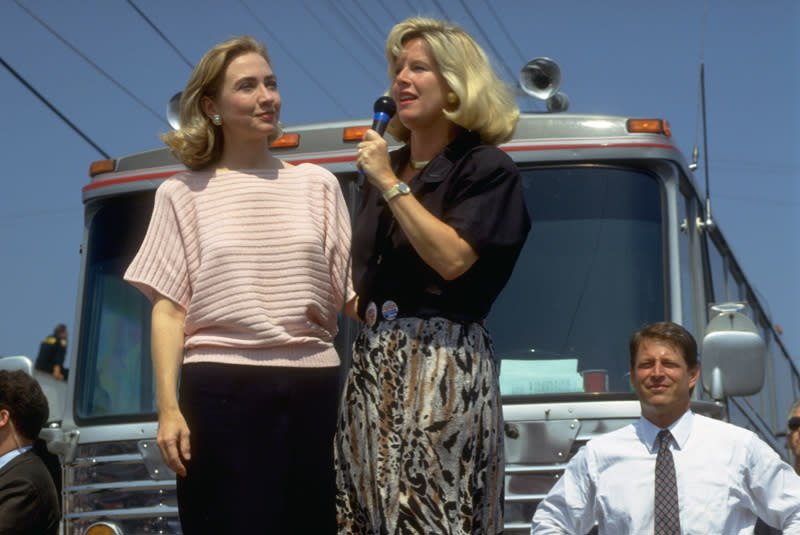 Hillary Clinton wearing a red and white striped sweater on the campaign trail in 1992