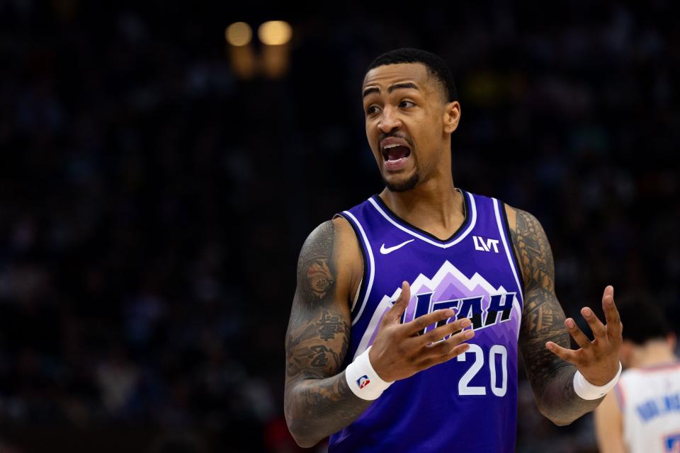 Utah Jazz forward John Collins (20) reacts to a call during the fourth quarter of the NBA basketball game between the Utah Jazz and the Oklahoma City Thunder at the Delta Center in Salt Lake City on Thursday, Jan. 18, 2024. Oklahoma City Thunder won 134-129. | Megan Nielsen, Deseret News