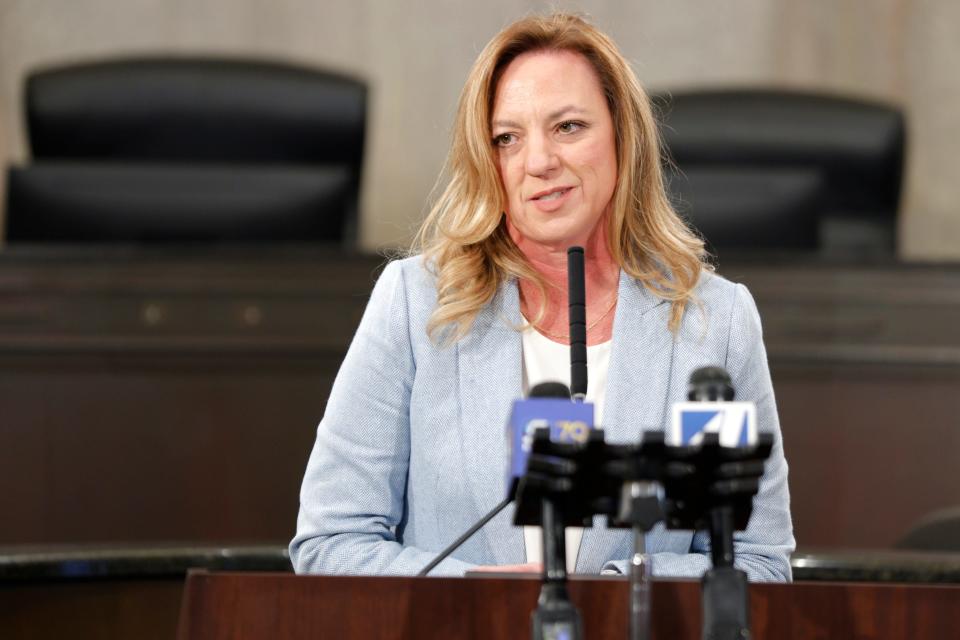 Erin Goodin, CEO of City Rescue Mission, talks about a $7.1 Million HUD grant given to Oklahoma City during a press conference in Oklahoma City, Thursday, Feb. 8, 2024. The HUD grant will provide permanent housing for people experiencing homelessness.