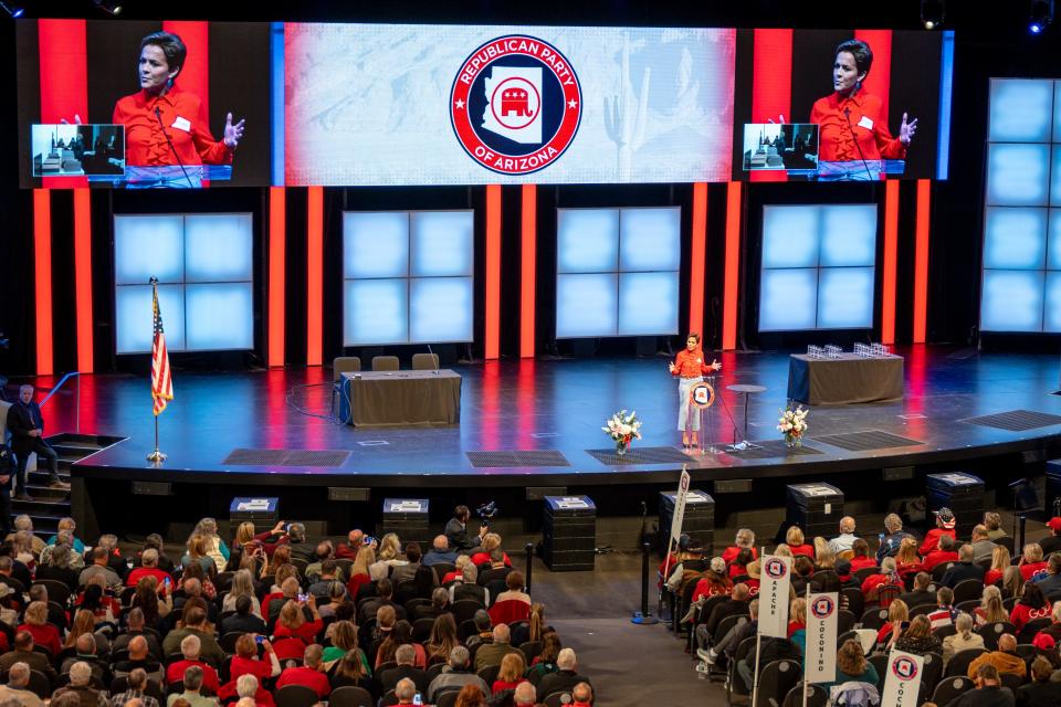 Former Republican candidate for governor Kari Lake speaks at the Arizona GOP's biennial statutory meeting on Jan. 28, 2023, in Phoenix.